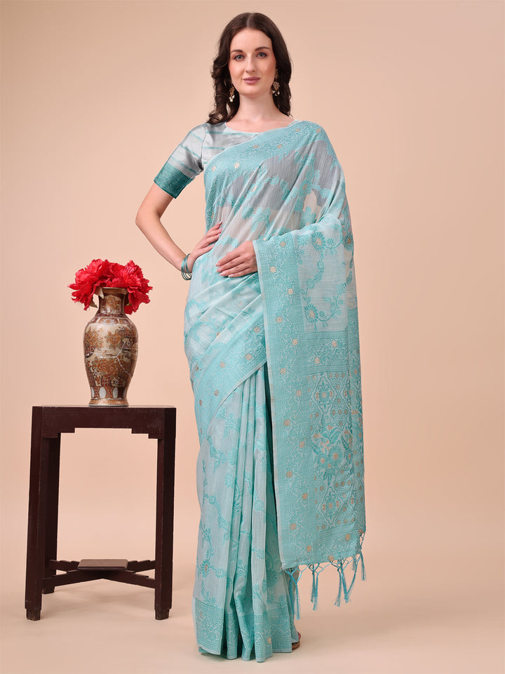 Sky Blue Colour Cotton Printed Saree With Blouse Piece