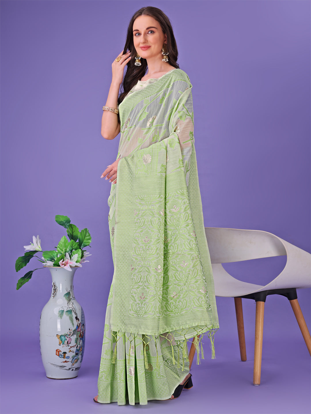 Light Green Colour Linen Cotton Saree Printed Work With Blouse Piece