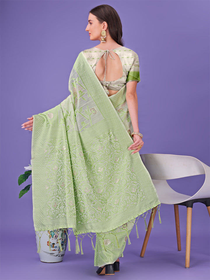Light Green Colour Linen Cotton Saree Printed Work With Blouse Piece