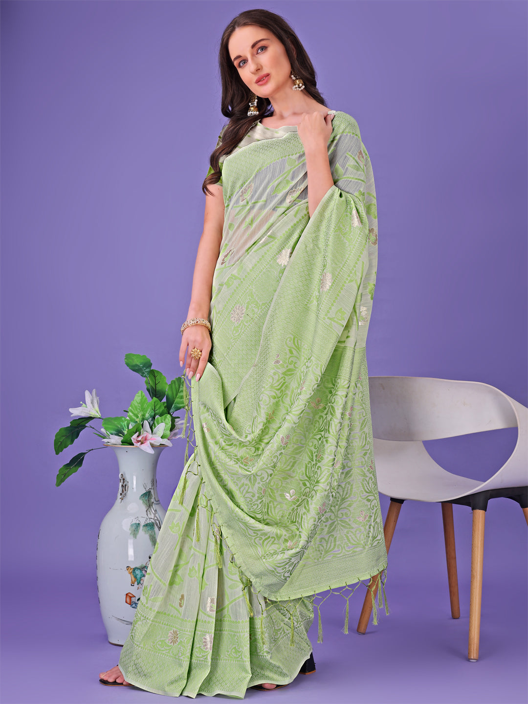 Light Green Colour Linen Cotton Saree Printed Work With Blouse Piece