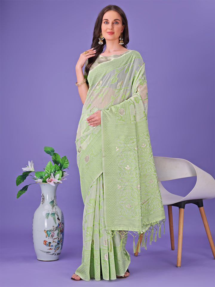 Light Green Colour Linen Cotton Saree Printed Work With Blouse Piece