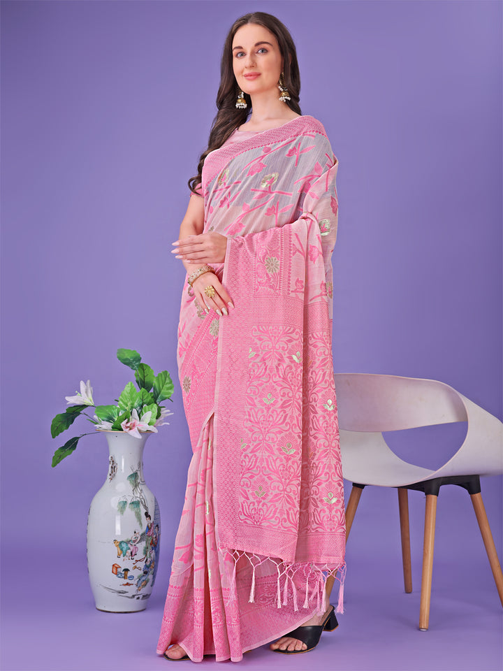 Light Pink Colour Linen Cotton Saree Printed Work With Blouse Piece