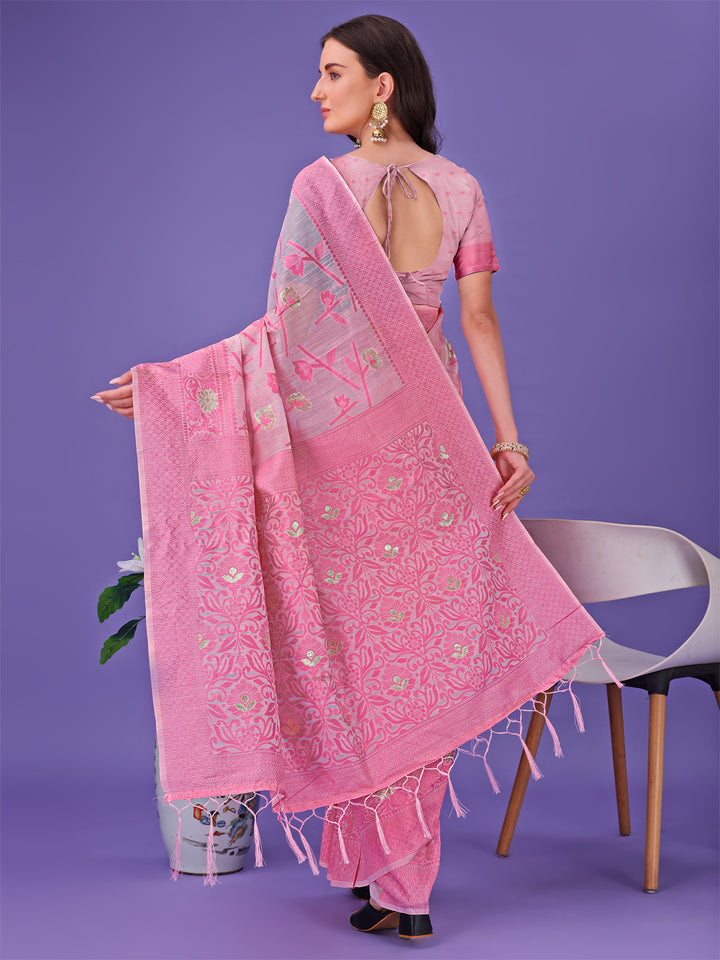 Light Pink Colour Linen Cotton Saree Printed Work With Blouse Piece