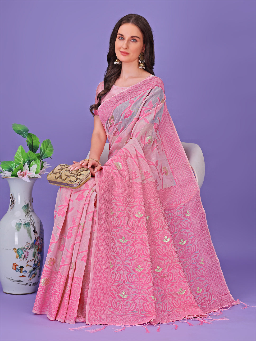 Light Pink Colour Linen Cotton Saree Printed Work With Blouse Piece