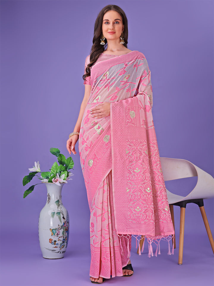 Light Pink Colour Linen Cotton Saree Printed Work With Blouse Piece