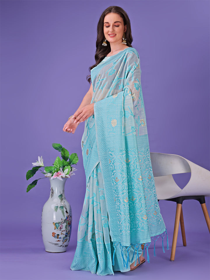Sky Blue Colour Linen Cotton Saree Printed Work With Blouse Piece