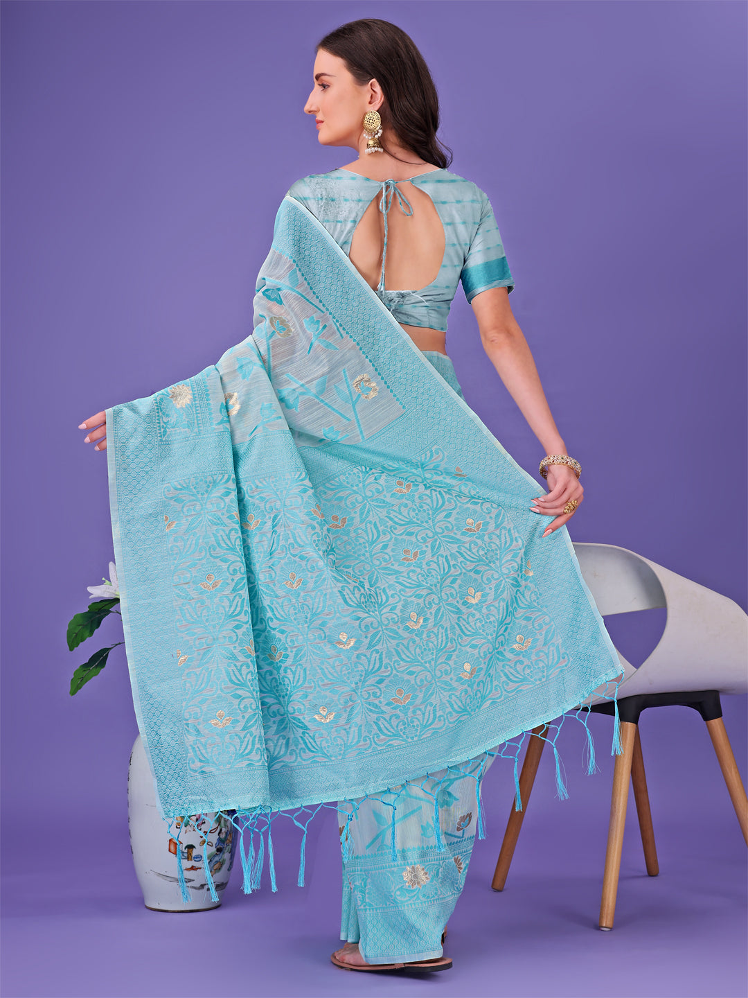 Sky Blue Colour Linen Cotton Saree Printed Work With Blouse Piece