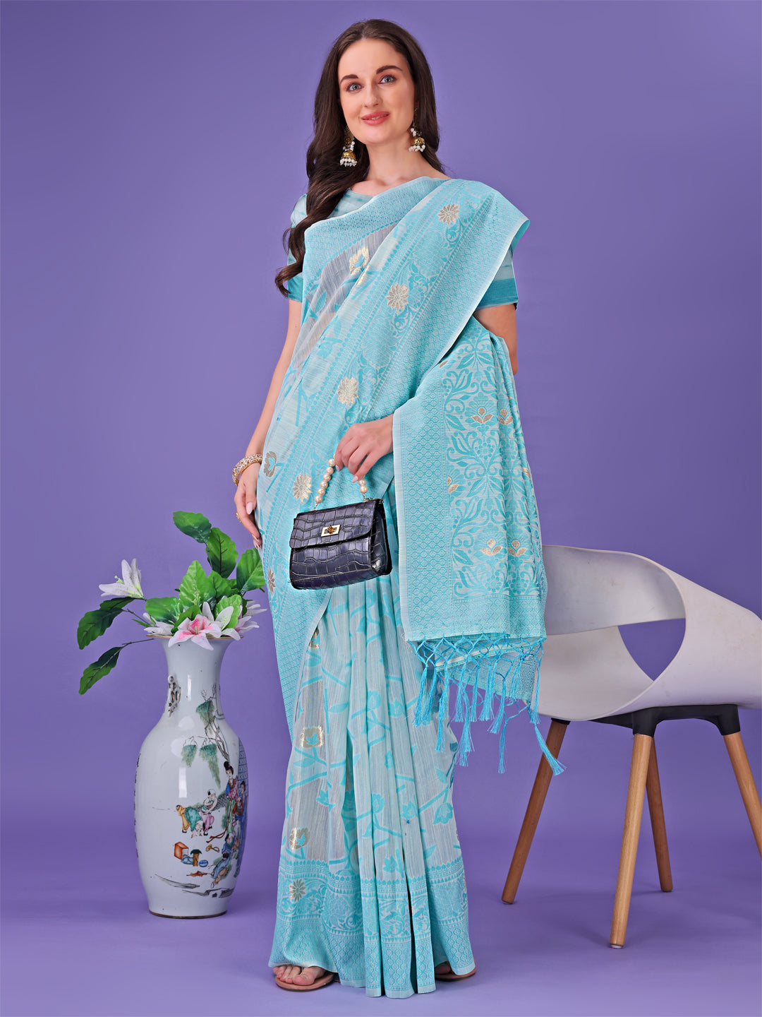 Sky Blue Colour Linen Cotton Saree Printed Work With Blouse Piece