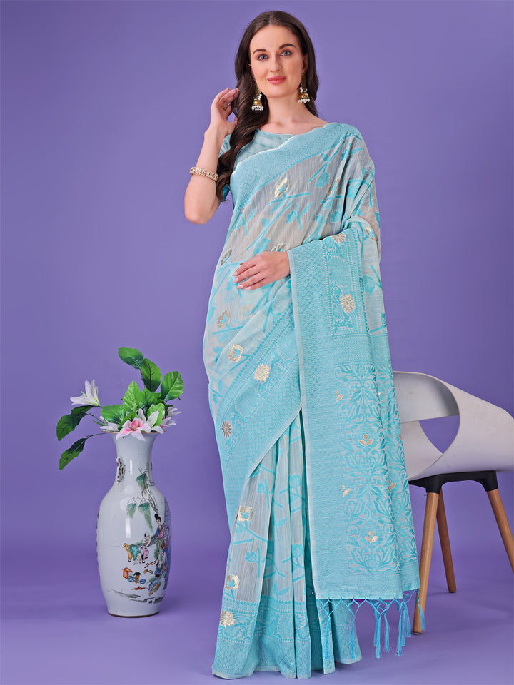 Sky Blue Colour Linen Cotton Saree Printed Work With Blouse Piece