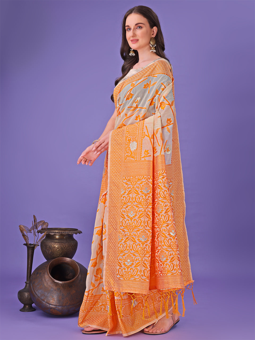Orange Colour Linen Cotton Saree Printed Work With Blouse Piece