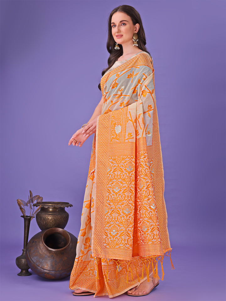 Orange Colour Linen Cotton Saree Printed Work With Blouse Piece