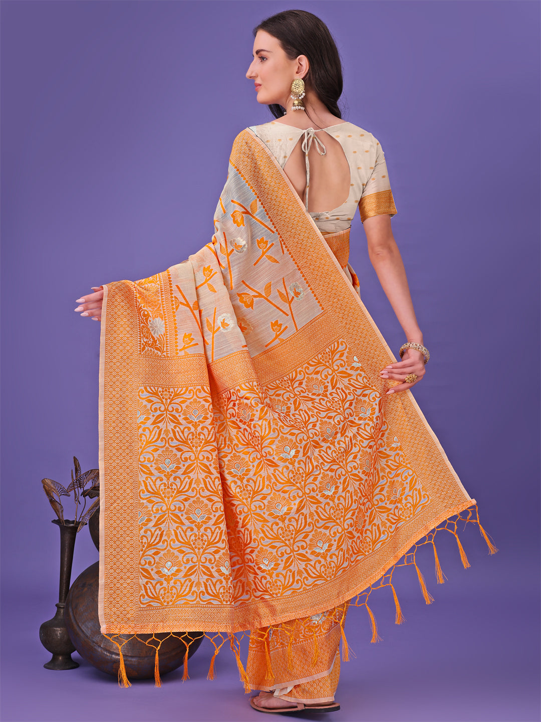 Orange Colour Linen Cotton Saree Printed Work With Blouse Piece