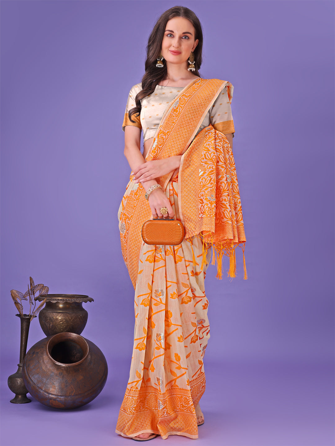 Orange Colour Linen Cotton Saree Printed Work With Blouse Piece