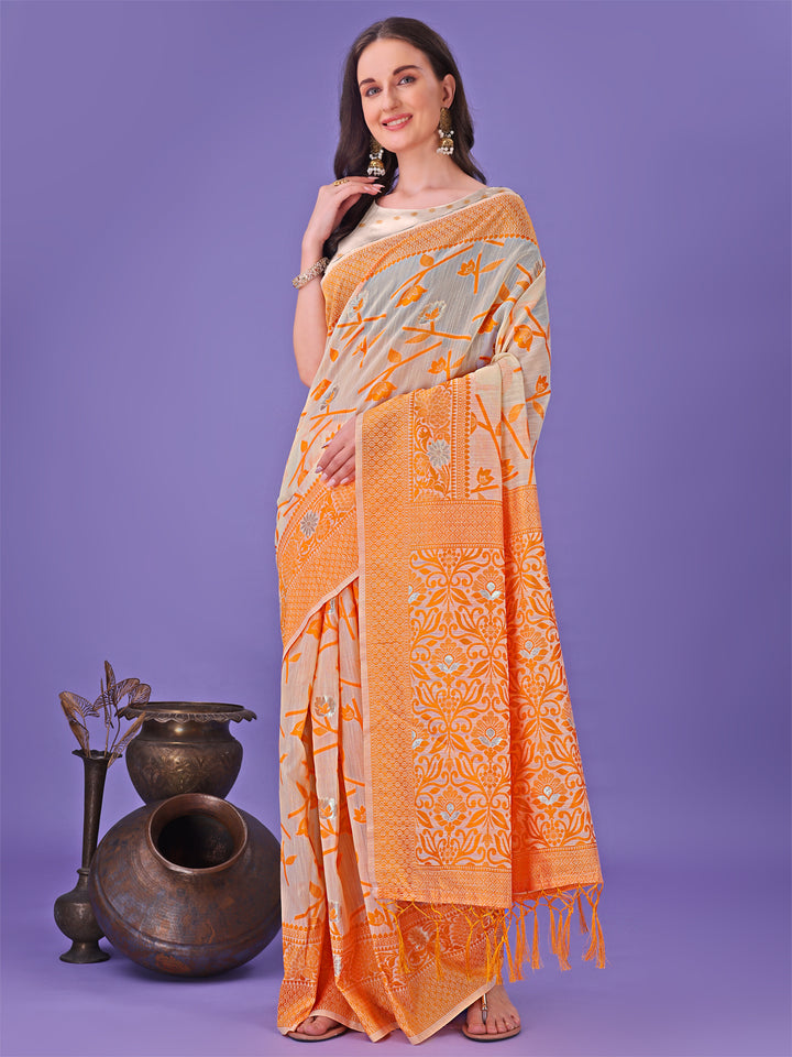 Orange Colour Linen Cotton Saree Printed Work With Blouse Piece