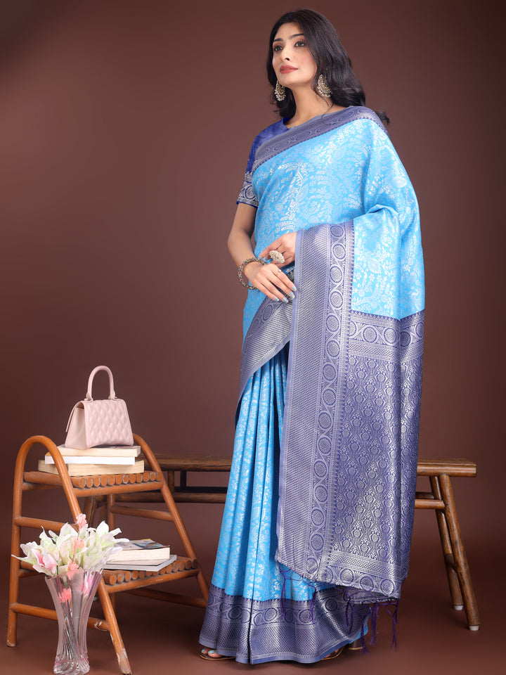 Sky Blue Colour Lichi Silk Saree Weaving Work With Blouse Piece