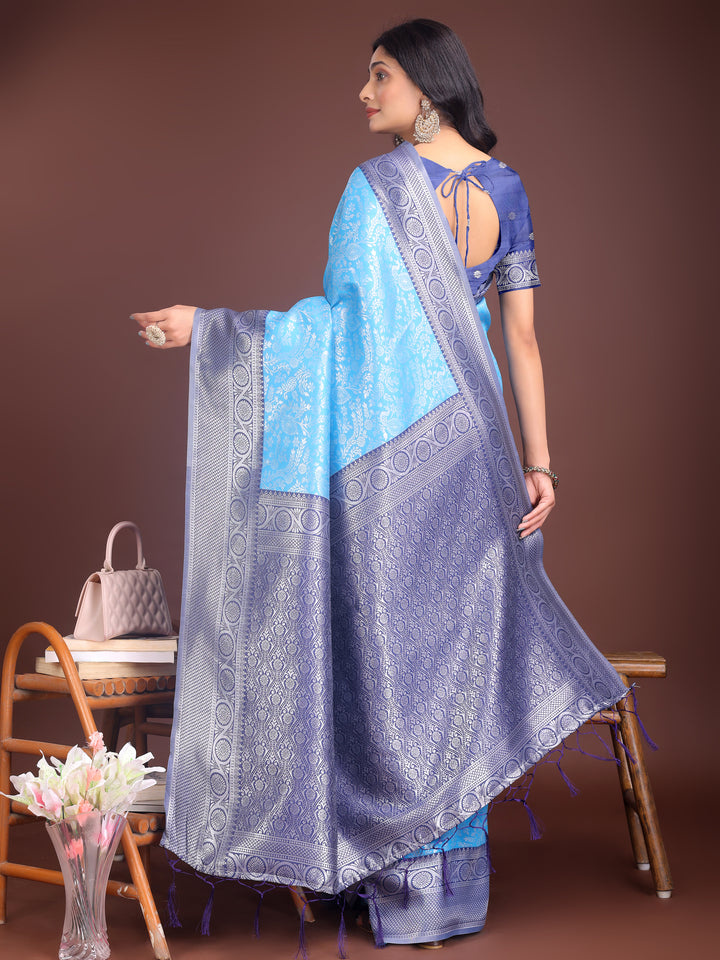Sky Blue Colour Lichi Silk Saree Weaving Work With Blouse Piece