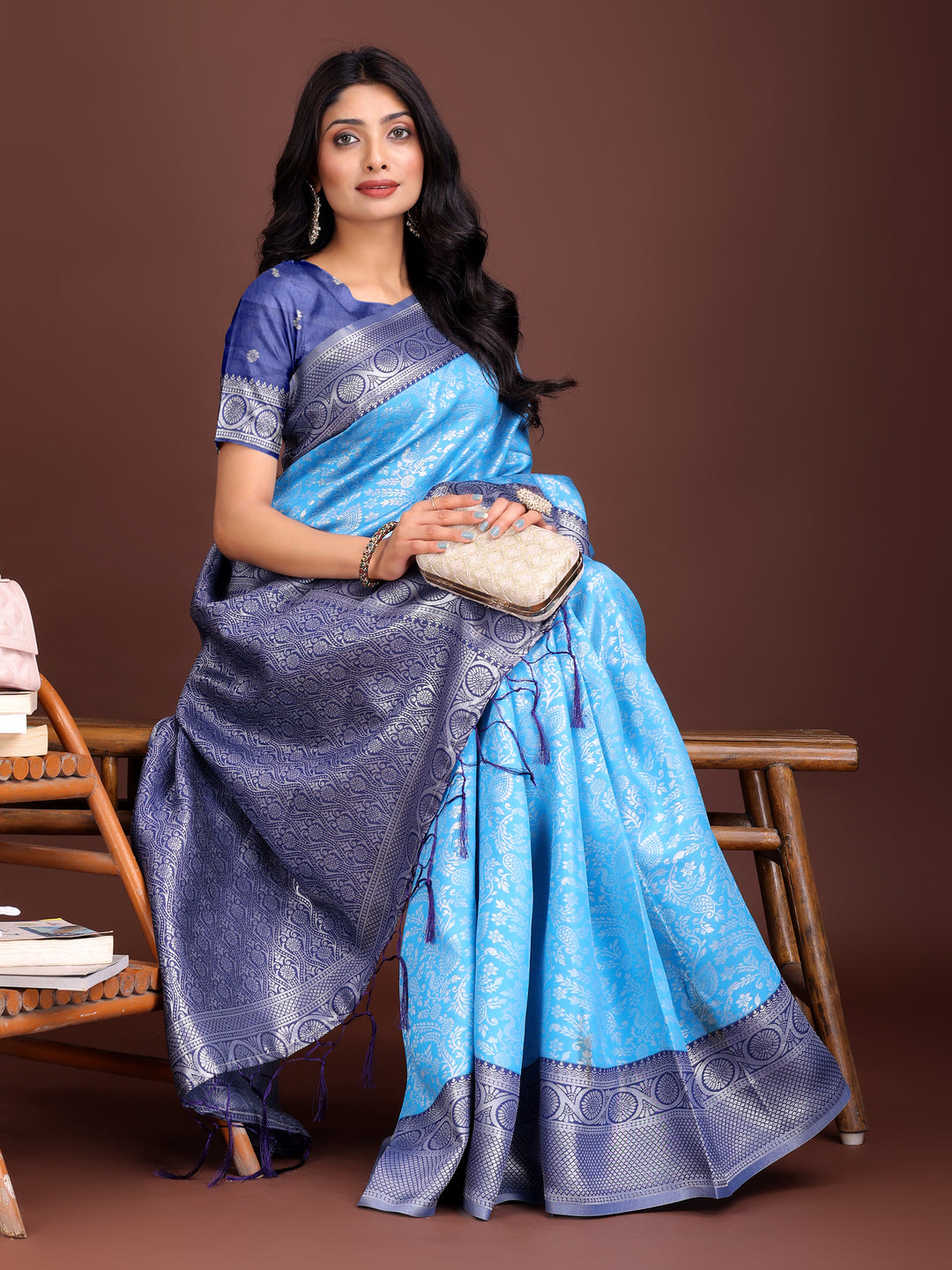 Sky Blue Colour Lichi Silk Saree Weaving Work With Blouse Piece