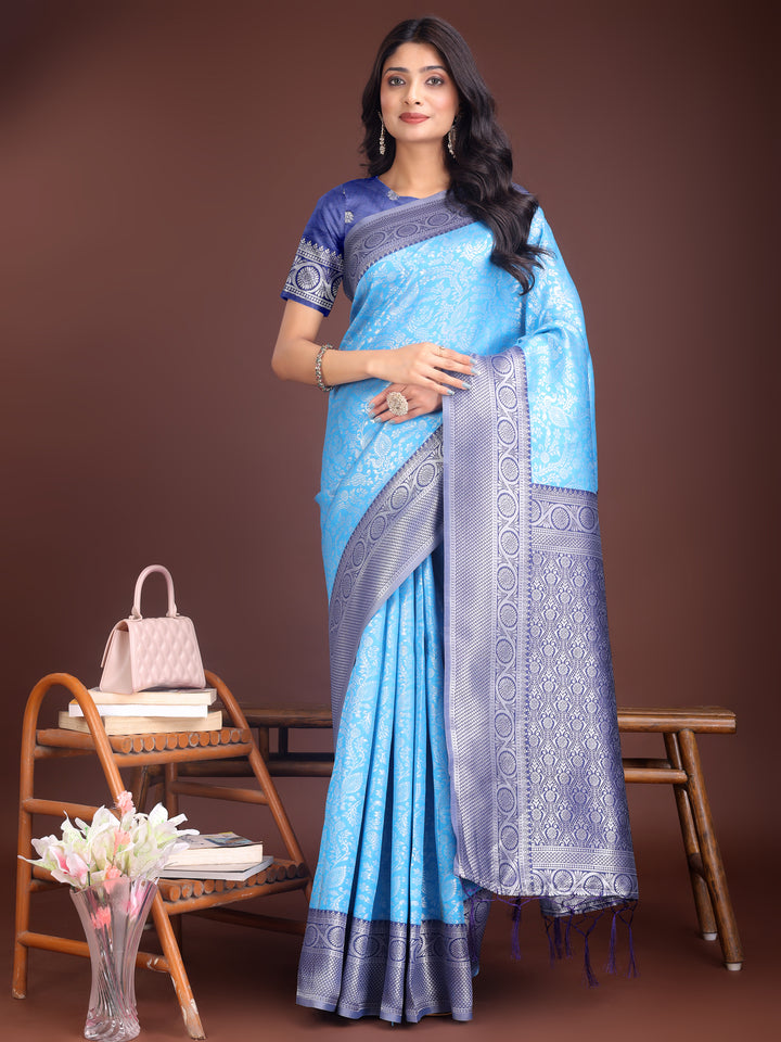 Sky Blue Colour Lichi Silk Saree Weaving Work With Blouse Piece