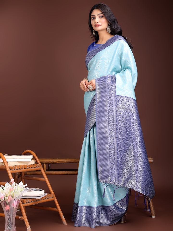 Teal Colour Lichi Silk Saree Weaving Work With Blouse Piece