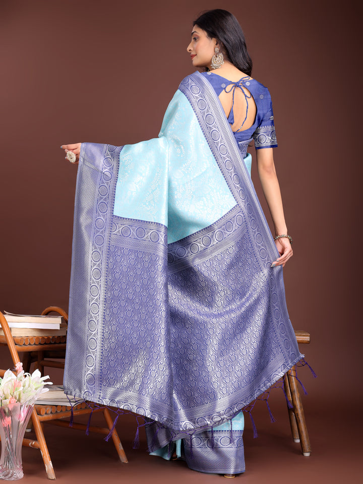 Teal Colour Lichi Silk Saree Weaving Work With Blouse Piece