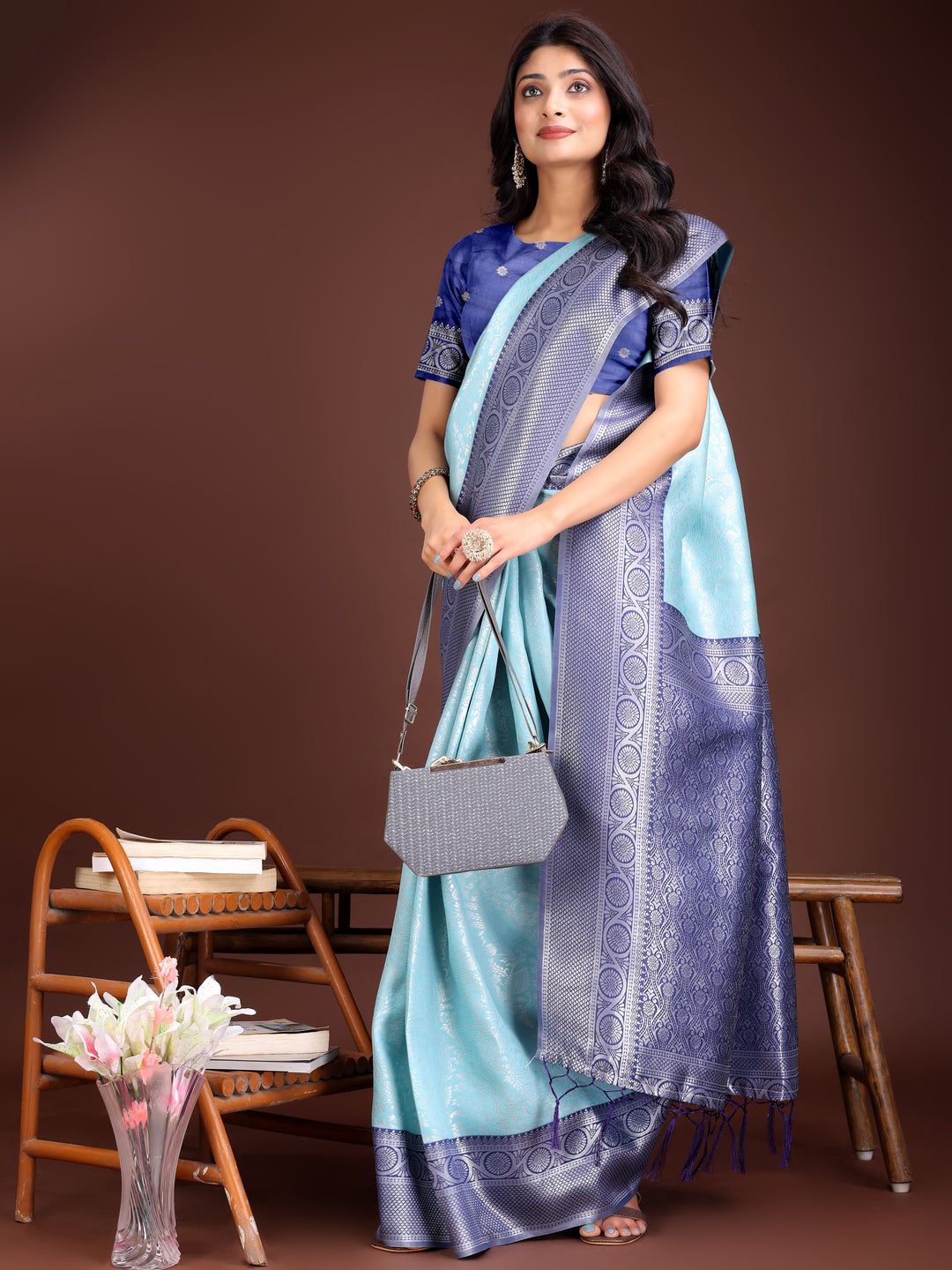 Teal Colour Lichi Silk Saree Weaving Work With Blouse Piece
