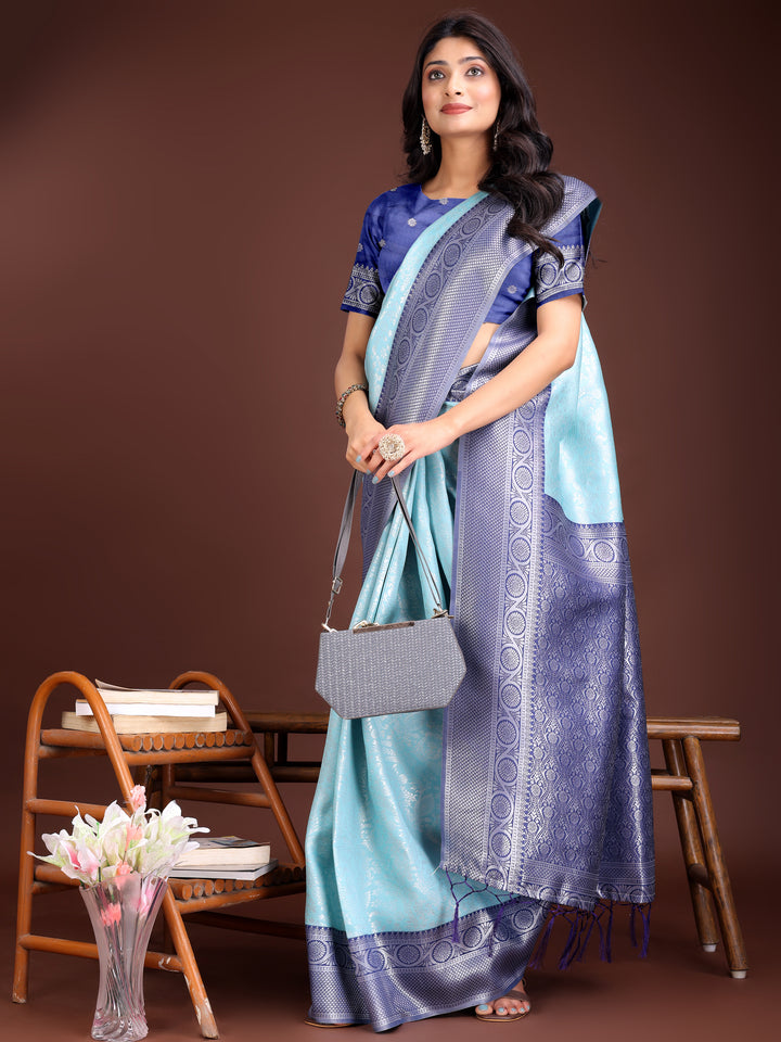 Teal Colour Lichi Silk Saree Weaving Work With Blouse Piece
