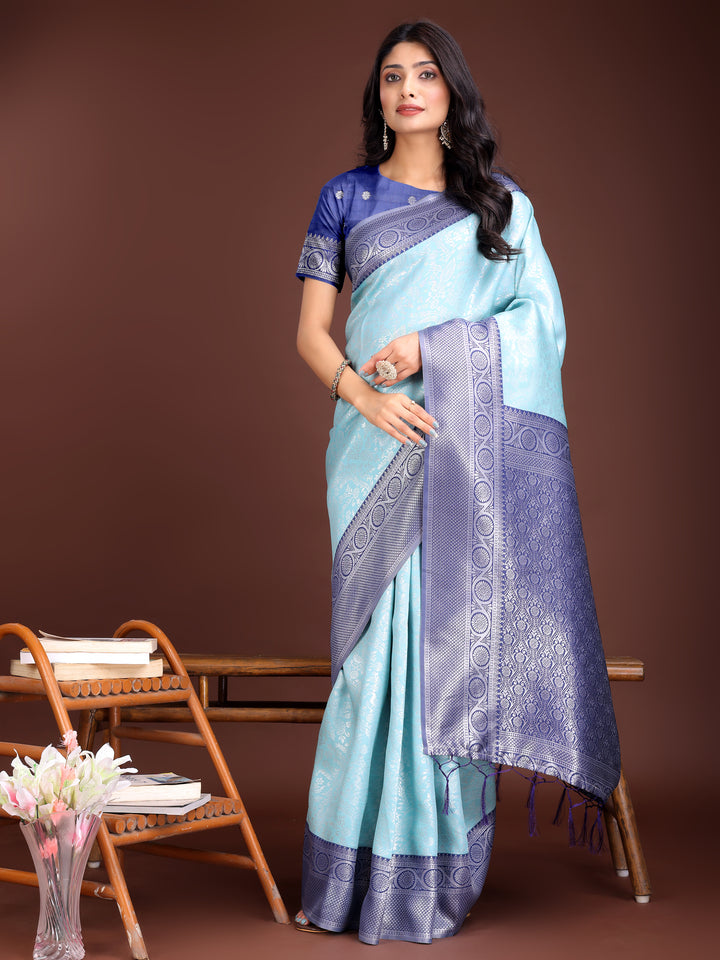 Teal Colour Lichi Silk Saree Weaving Work With Blouse Piece