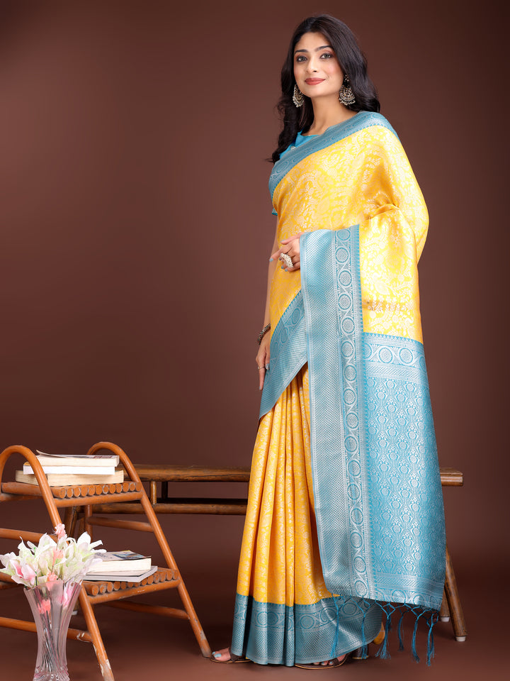 Yellow Colour Lichi Silk Saree Weaving Work With Blouse Piece