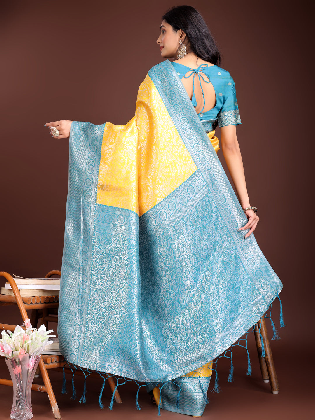 Yellow Colour Lichi Silk Saree Weaving Work With Blouse Piece