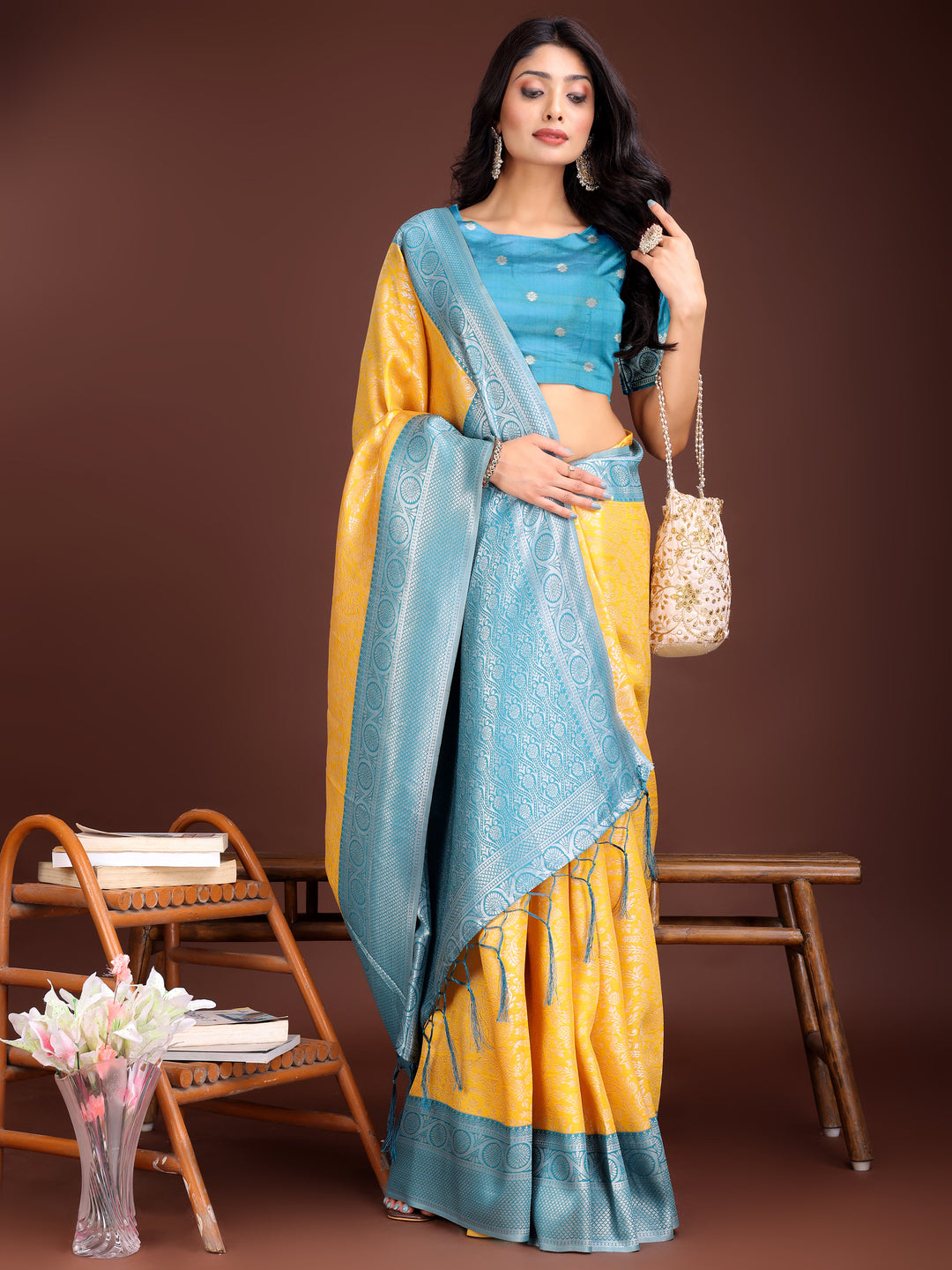 Yellow Colour Lichi Silk Saree Weaving Work With Blouse Piece