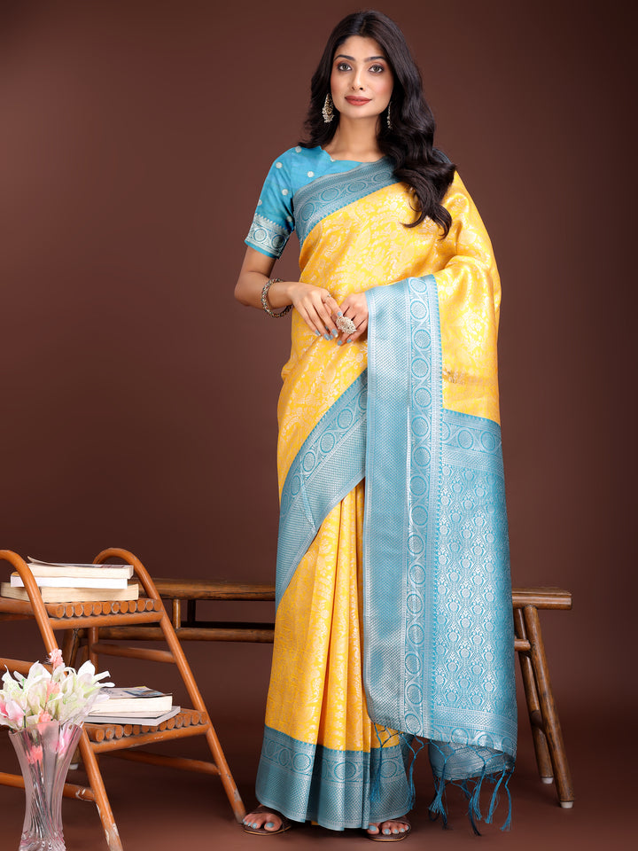 Yellow Colour Lichi Silk Saree Weaving Work With Blouse Piece