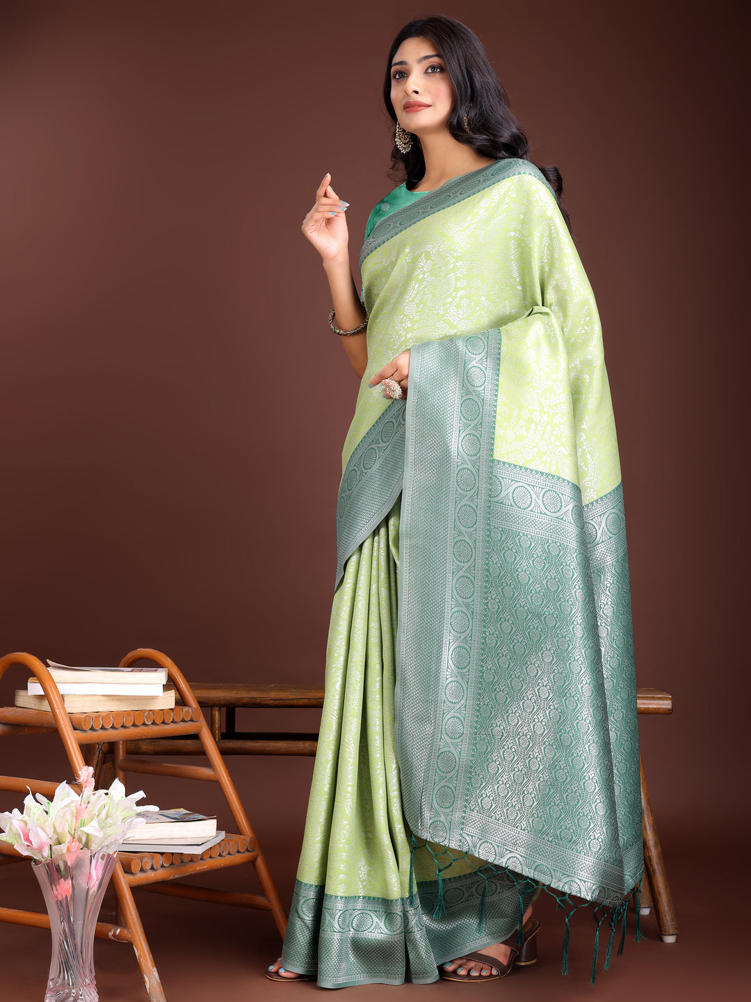 Light Green Colour Lichi Silk Saree Weaving Work With Blouse Piece