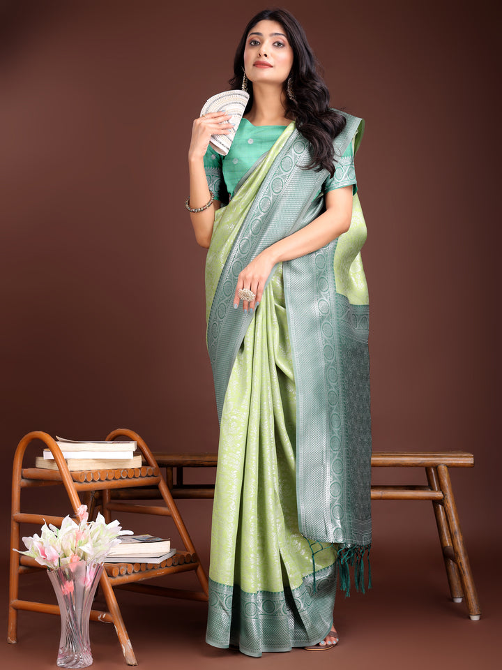 Light Green Colour Lichi Silk Saree Weaving Work With Blouse Piece