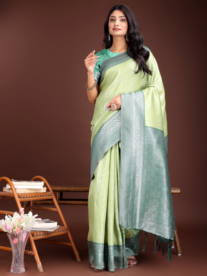 Light Green Colour Lichi Silk Saree Weaving Work With Blouse Piece