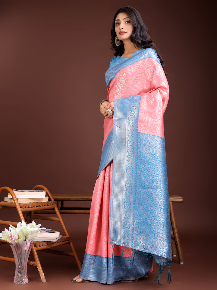 Peach Colour Lichi Silk Saree Weaving Work With Blouse Piece