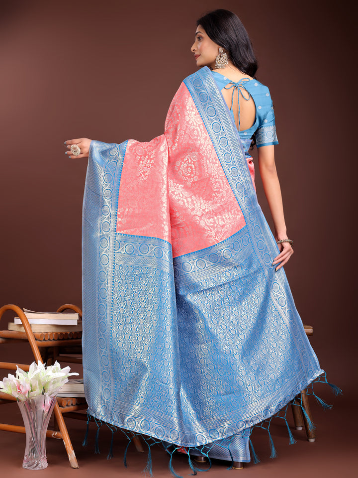 Peach Colour Lichi Silk Saree Weaving Work With Blouse Piece