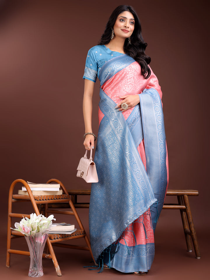 Peach Colour Lichi Silk Saree Weaving Work With Blouse Piece
