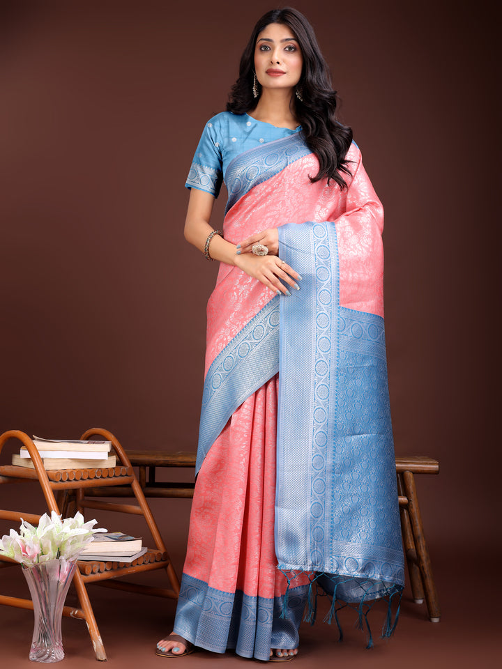Peach Colour Lichi Silk Saree Weaving Work With Blouse Piece