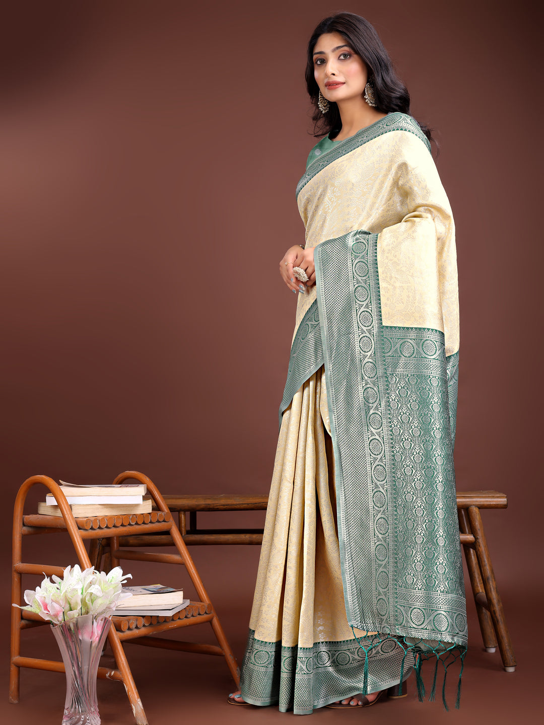 Cream Colour Lichi Silk Saree Weaving Work With Blouse Piece