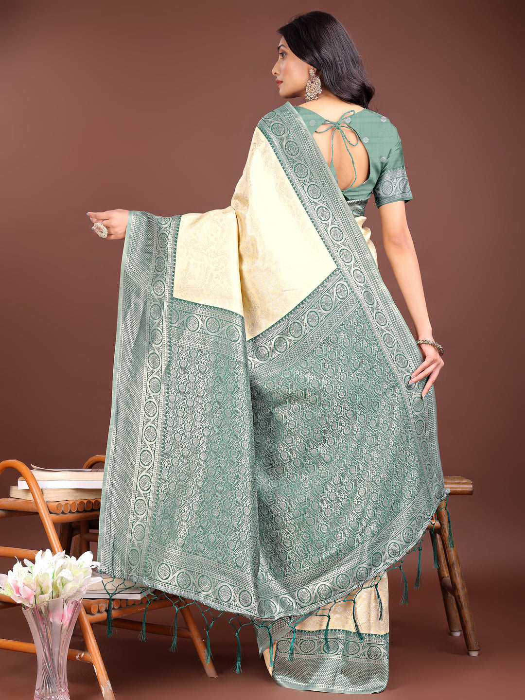 Cream Colour Lichi Silk Saree Weaving Work With Blouse Piece