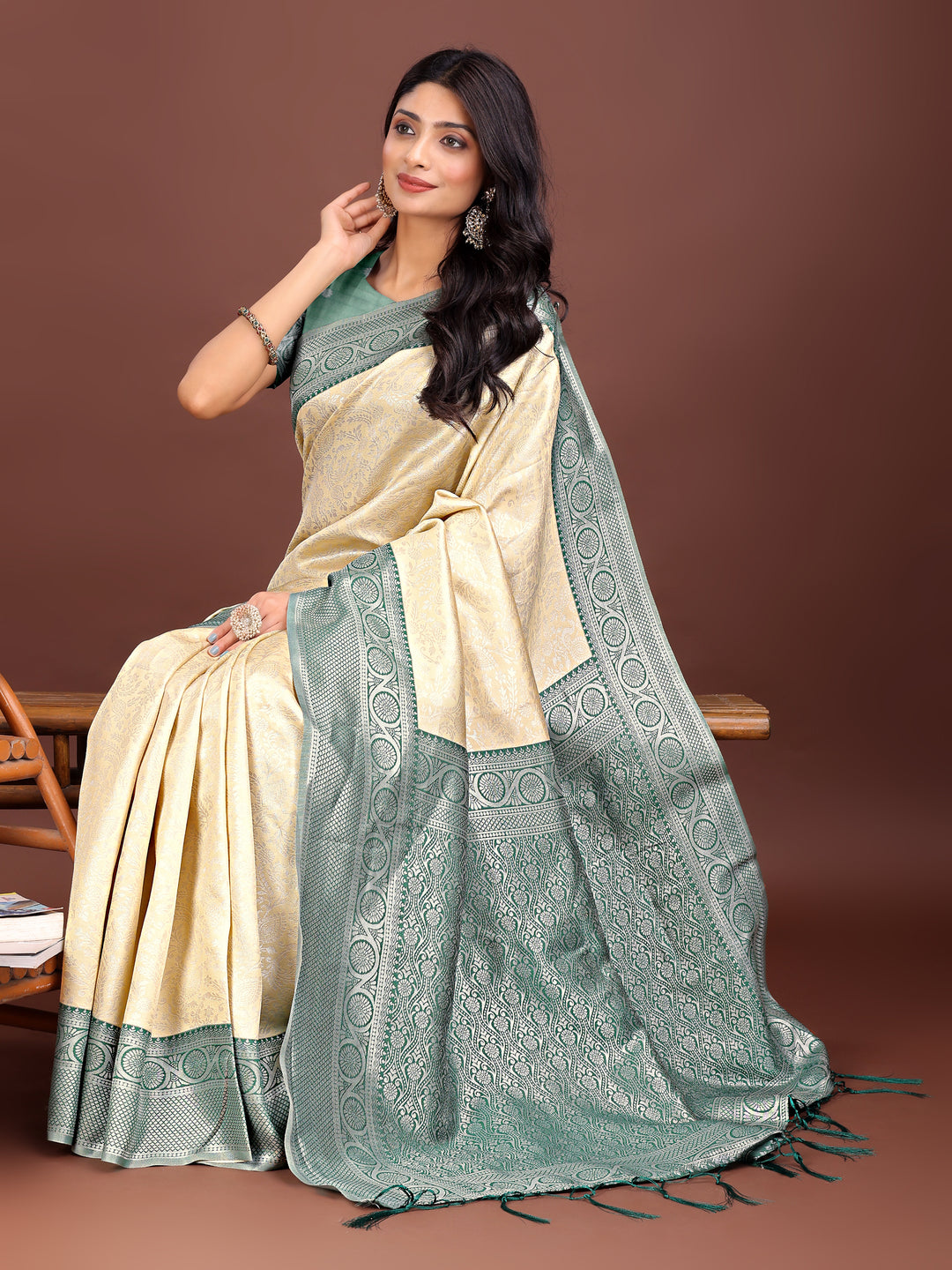 Cream Colour Lichi Silk Saree Weaving Work With Blouse Piece