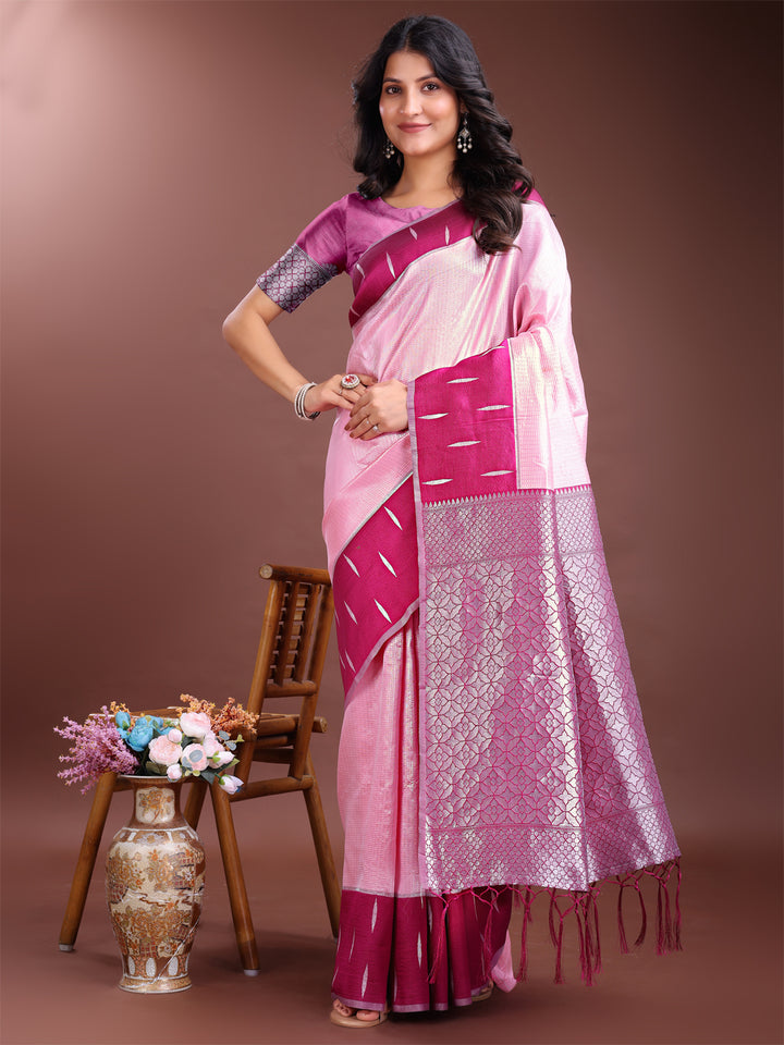 Pink Colour Lichi Silk Saree Weaving Work With Blouse Piece