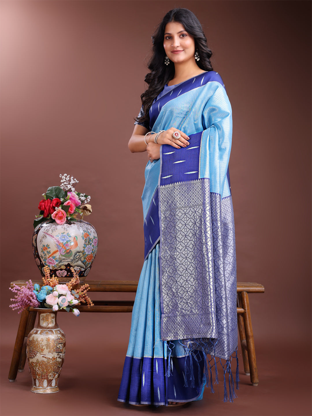Sky Blue Colour Lichi Silk Saree Weaving Work With Blouse Piece