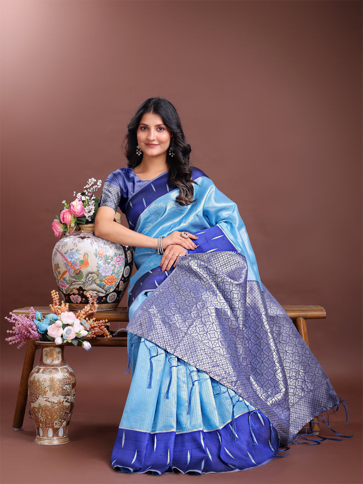 Sky Blue Colour Lichi Silk Saree Weaving Work With Blouse Piece