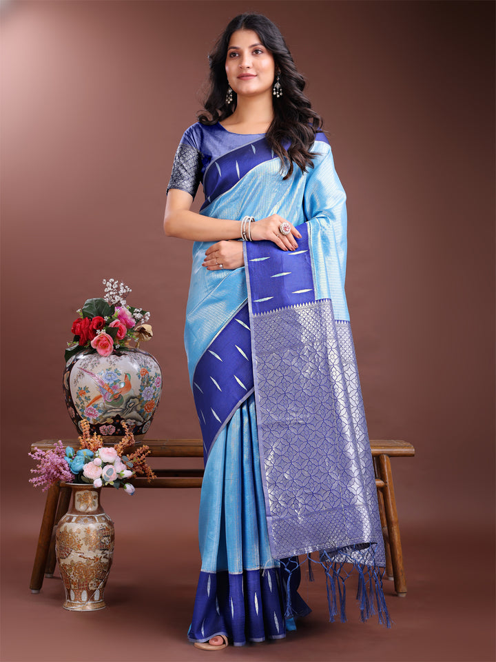 Sky Blue Colour Lichi Silk Saree Weaving Work With Blouse Piece