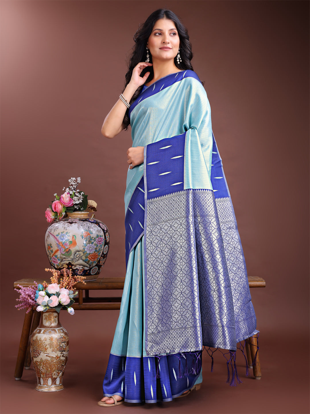 Sky blue Colour Lichi Silk Saree Weaving Work With Blouse Piece