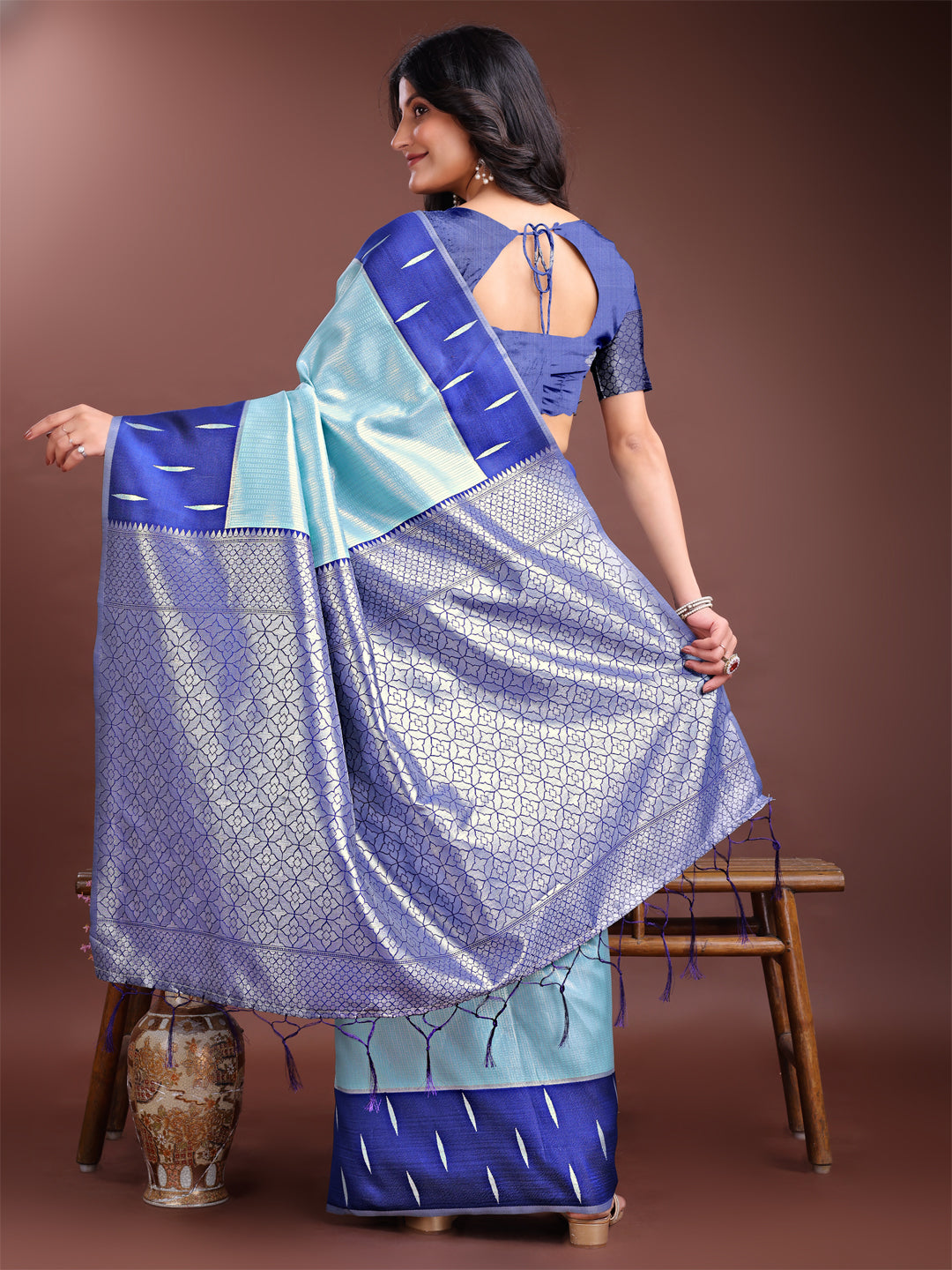 Sky blue Colour Lichi Silk Saree Weaving Work With Blouse Piece