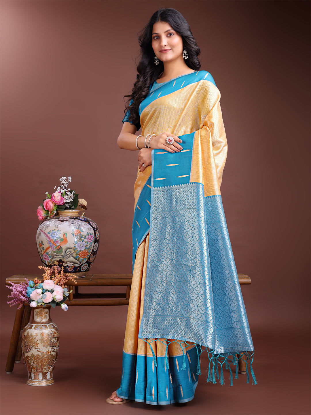 Yellow Colour Lichi Silk Saree Weaving Work With Blouse Piece