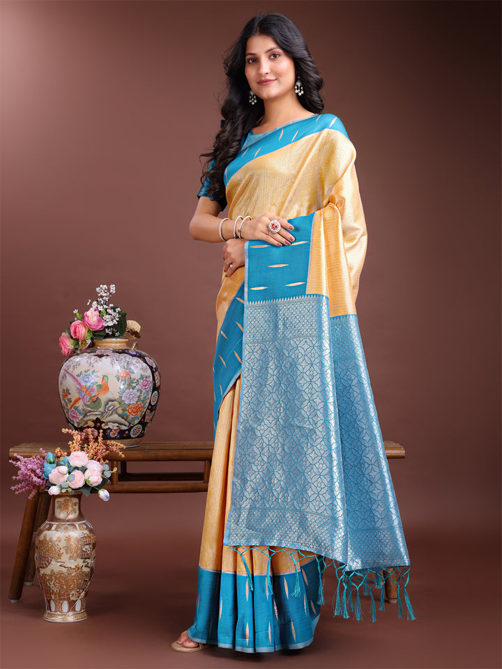 Yellow Colour Lichi Silk Saree Weaving Work With Blouse Piece