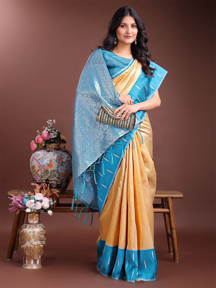 Yellow Colour Lichi Silk Saree Weaving Work With Blouse Piece